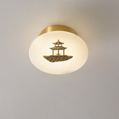 Lámpara de techo semi-empotrada LED tradicional china redonda de latón con mármol, nube de la suerte, pájaro, hoja, árbol y flor para pasillo 