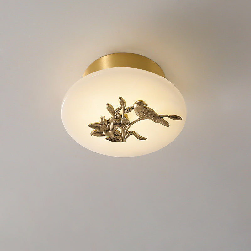 Lámpara de techo semi-empotrada LED tradicional china redonda de latón con mármol, nube de la suerte, pájaro, hoja, árbol y flor para pasillo 