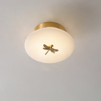 Lámpara de techo semi-empotrada LED tradicional china redonda de latón con mármol, nube de la suerte, pájaro, hoja, árbol y flor para pasillo 