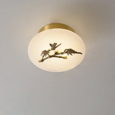 Lámpara de techo semi-empotrada LED tradicional china redonda de latón con mármol, nube de la suerte, pájaro, hoja, árbol y flor para pasillo 
