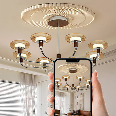 Zeitgenössische Retro-Hardware-Glas-Aluminium-Runde-LED-Kronleuchter für das Wohnzimmer 