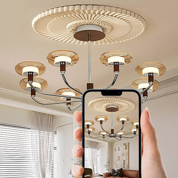 Zeitgenössische Retro-Hardware-Glas-Aluminium-Runde-LED-Kronleuchter für das Wohnzimmer 