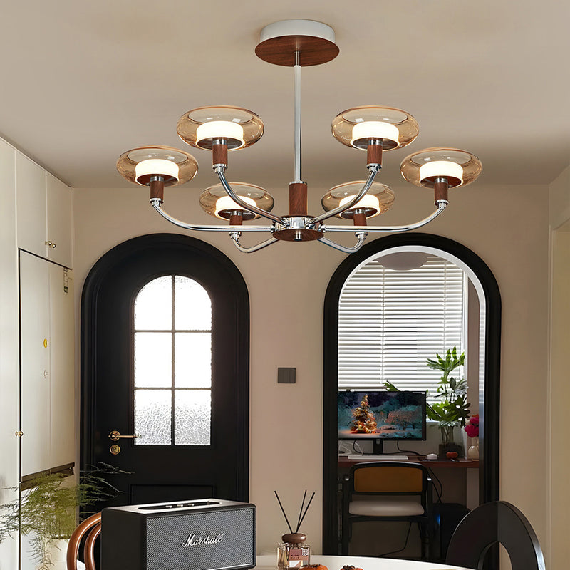 Zeitgenössische Retro-Hardware-Glas-Aluminium-Runde-LED-Kronleuchter für das Wohnzimmer 