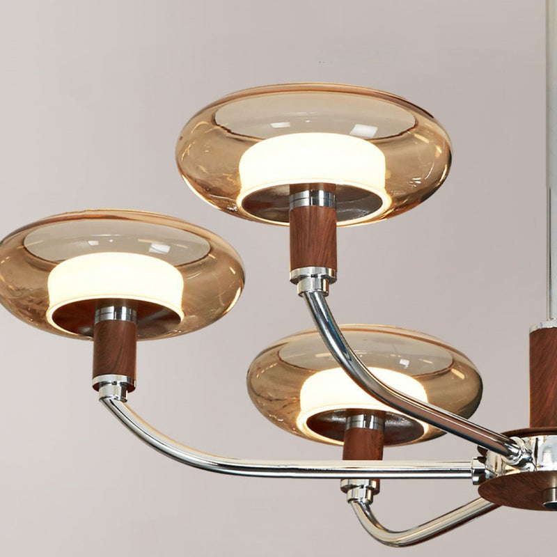 Zeitgenössische Retro-Hardware-Glas-Aluminium-Runde-LED-Kronleuchter für das Wohnzimmer 