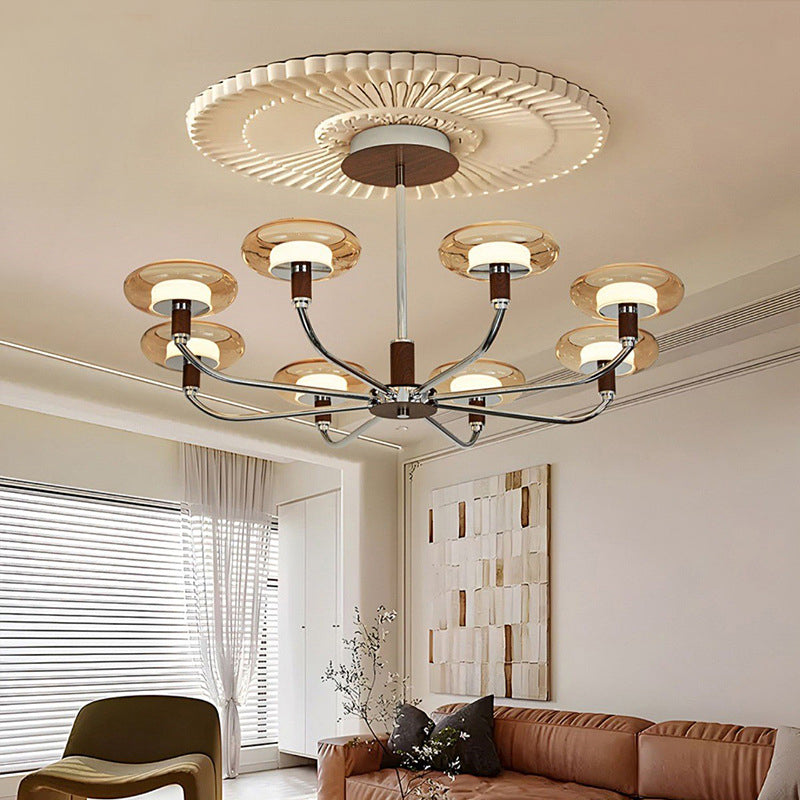 Zeitgenössische Retro-Hardware-Glas-Aluminium-Runde-LED-Kronleuchter für das Wohnzimmer 
