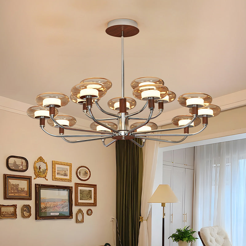Zeitgenössische Retro-Hardware-Glas-Aluminium-Runde-LED-Kronleuchter für das Wohnzimmer 