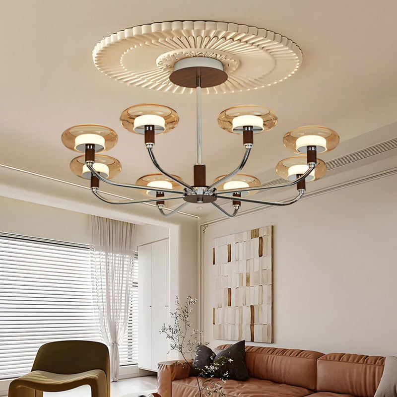 Zeitgenössische Retro-Hardware-Glas-Aluminium-Runde-LED-Kronleuchter für das Wohnzimmer 