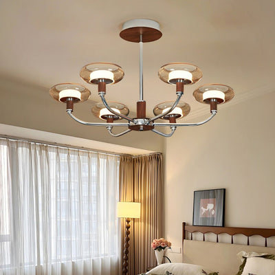 Zeitgenössische Retro-Hardware-Glas-Aluminium-Runde-LED-Kronleuchter für das Wohnzimmer 