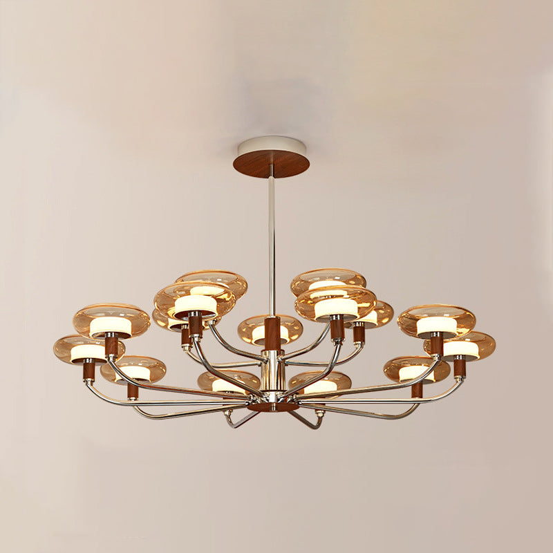 Zeitgenössische Retro-Hardware-Glas-Aluminium-Runde-LED-Kronleuchter für das Wohnzimmer 