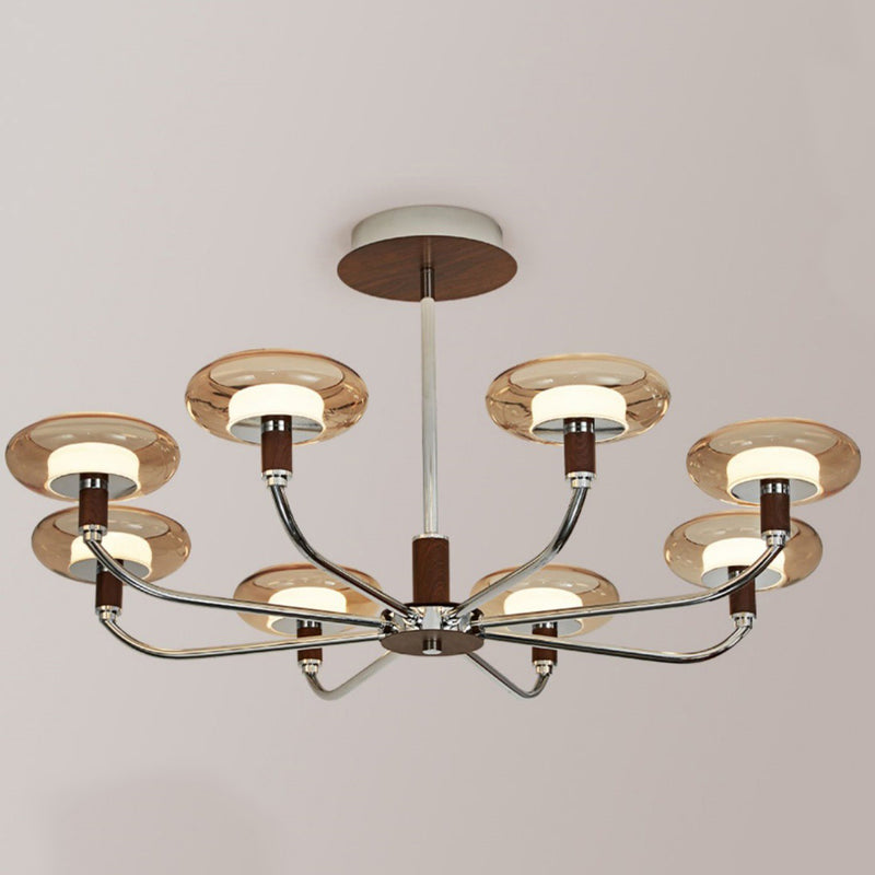 Zeitgenössische Retro-Hardware-Glas-Aluminium-Runde-LED-Kronleuchter für das Wohnzimmer 