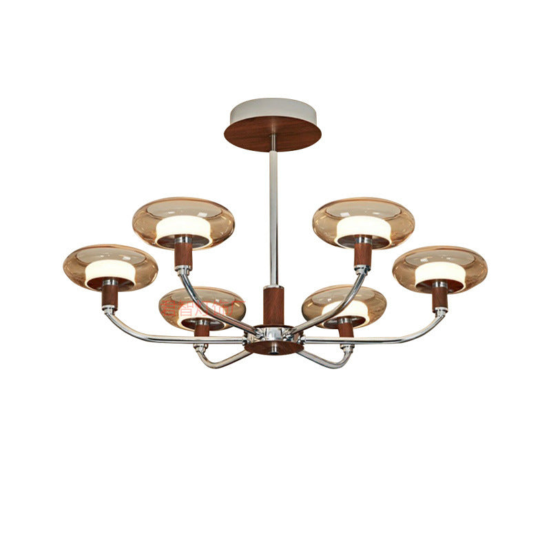 Zeitgenössische Retro-Hardware-Glas-Aluminium-Runde-LED-Kronleuchter für das Wohnzimmer 