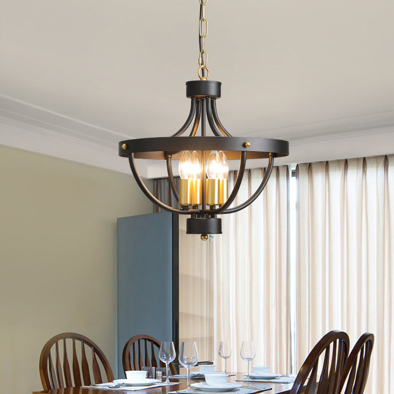 Lustre à 4 lumières en forme de cage en fer industriel contemporain pour salle à manger 
