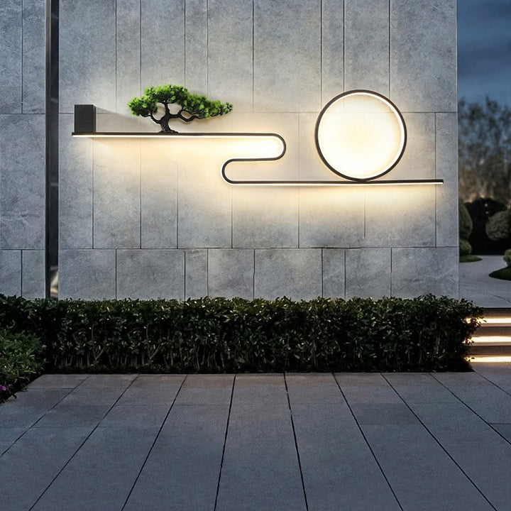 Moderne Art Deco Solar Wasserdichte Aluminium PVC Malerei Kiefer Baum Kreis LED Wandleuchte Für Außenbereich Terrasse 