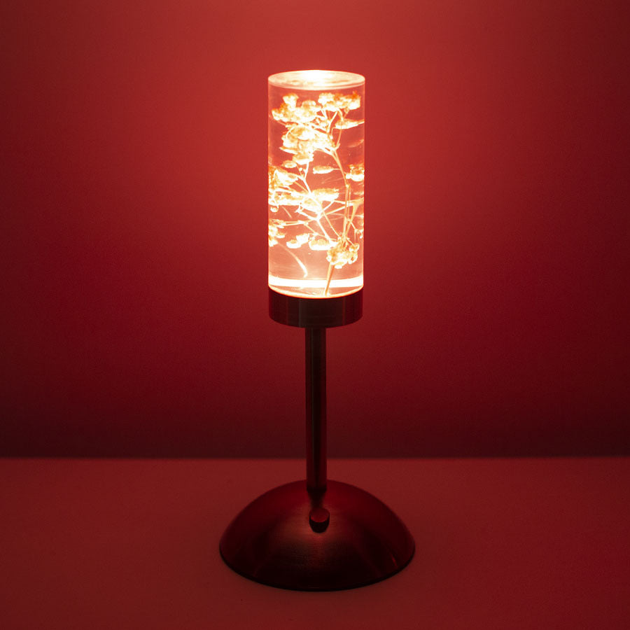Zeitgenössische kreative USB-wiederaufladbare ewige Blume Gänseblümchen Löwenzylinder Eisen Acryl LED Tischlampe Nachtlicht für den Nachttisch 