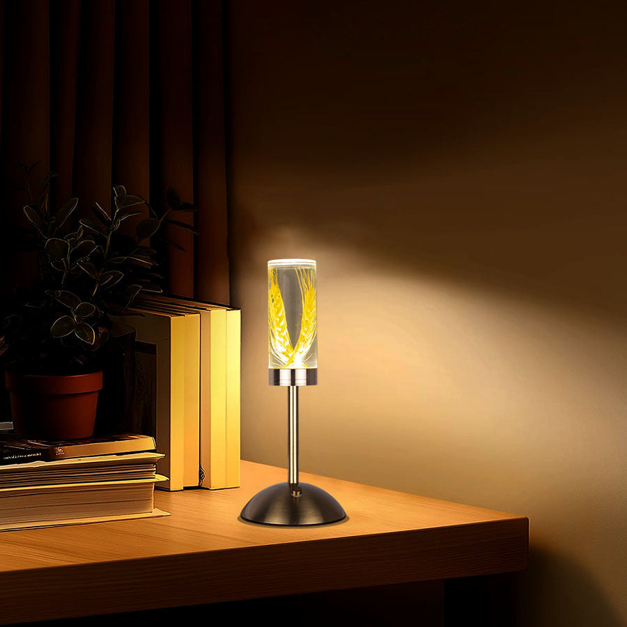 Zeitgenössische kreative USB-wiederaufladbare ewige Blume Gänseblümchen Löwenzylinder Eisen Acryl LED Tischlampe Nachtlicht für den Nachttisch 