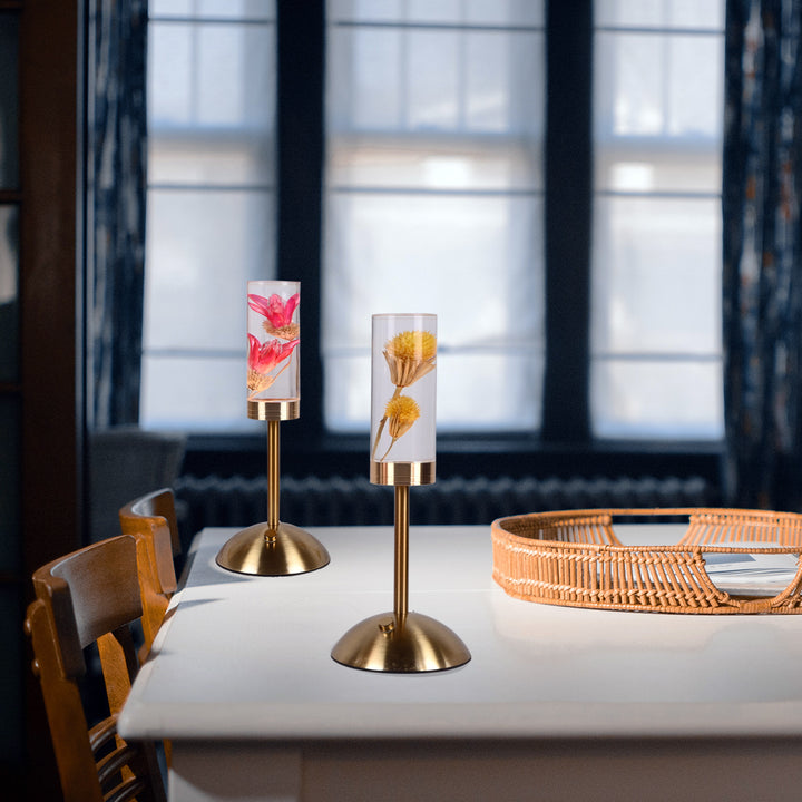 Zeitgenössische kreative USB-wiederaufladbare ewige Blume Gänseblümchen Löwenzylinder Eisen Acryl LED Tischlampe Nachtlicht für den Nachttisch 