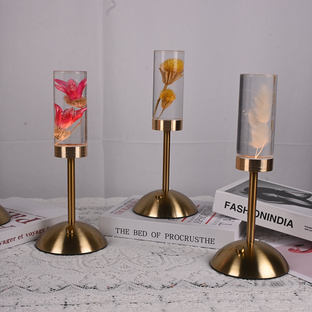 Zeitgenössische kreative USB-wiederaufladbare ewige Blume Gänseblümchen Löwenzylinder Eisen Acryl LED Tischlampe Nachtlicht für den Nachttisch 
