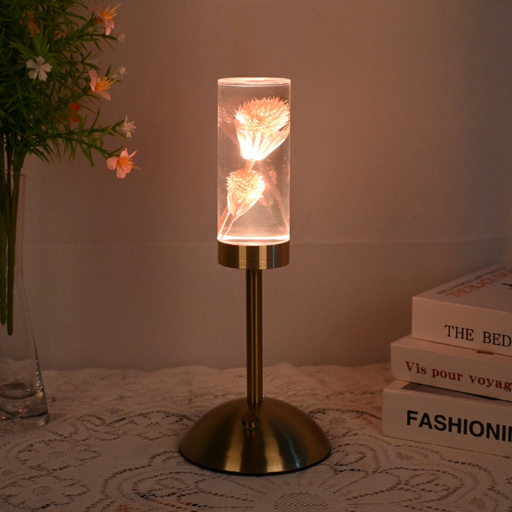 Zeitgenössische kreative USB-wiederaufladbare ewige Blume Gänseblümchen Löwenzylinder Eisen Acryl LED Tischlampe Nachtlicht für den Nachttisch 