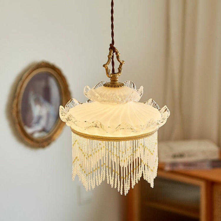 Suspension Luminaire à Une Lumière avec Couronne en Verre Cuivre Traditionnel Français et Gland pour Salle à Manger 