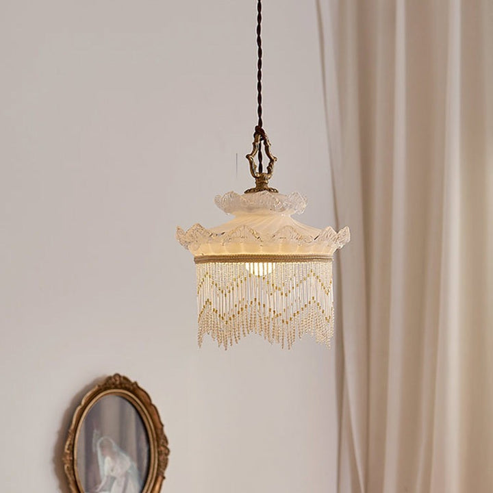 Suspension Luminaire à Une Lumière avec Couronne en Verre Cuivre Traditionnel Français et Gland pour Salle à Manger 