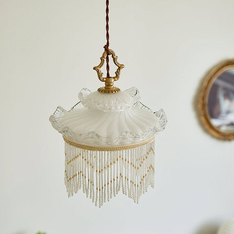 Suspension Luminaire à Une Lumière avec Couronne en Verre Cuivre Traditionnel Français et Gland pour Salle à Manger 