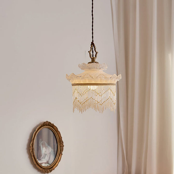 Suspension Luminaire à Une Lumière avec Couronne en Verre Cuivre Traditionnel Français et Gland pour Salle à Manger 