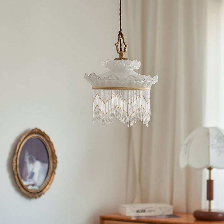 Suspension Luminaire à Une Lumière avec Couronne en Verre Cuivre Traditionnel Français et Gland pour Salle à Manger 