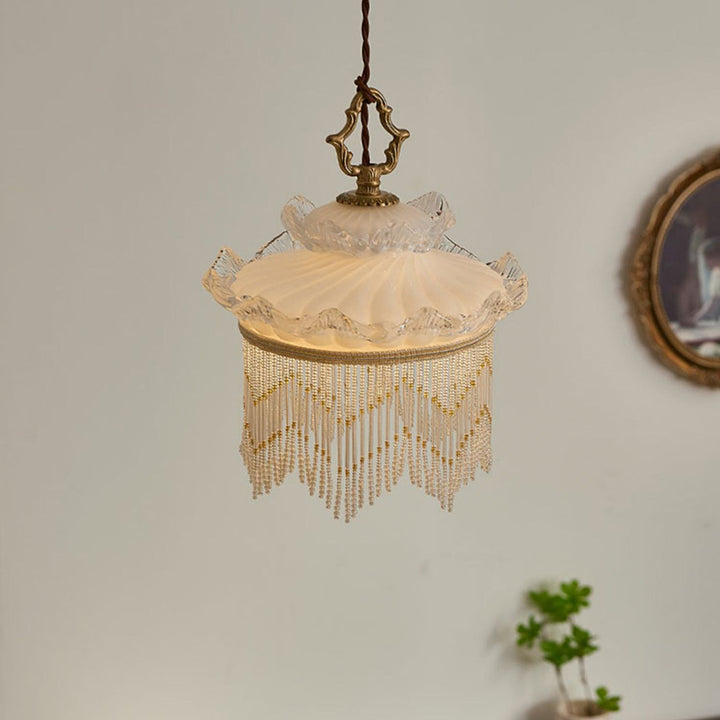 Suspension Luminaire à Une Lumière avec Couronne en Verre Cuivre Traditionnel Français et Gland pour Salle à Manger 
