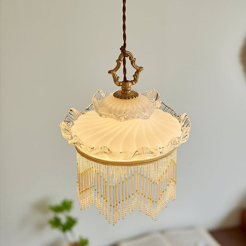 Suspension Luminaire à Une Lumière avec Couronne en Verre Cuivre Traditionnel Français et Gland pour Salle à Manger 