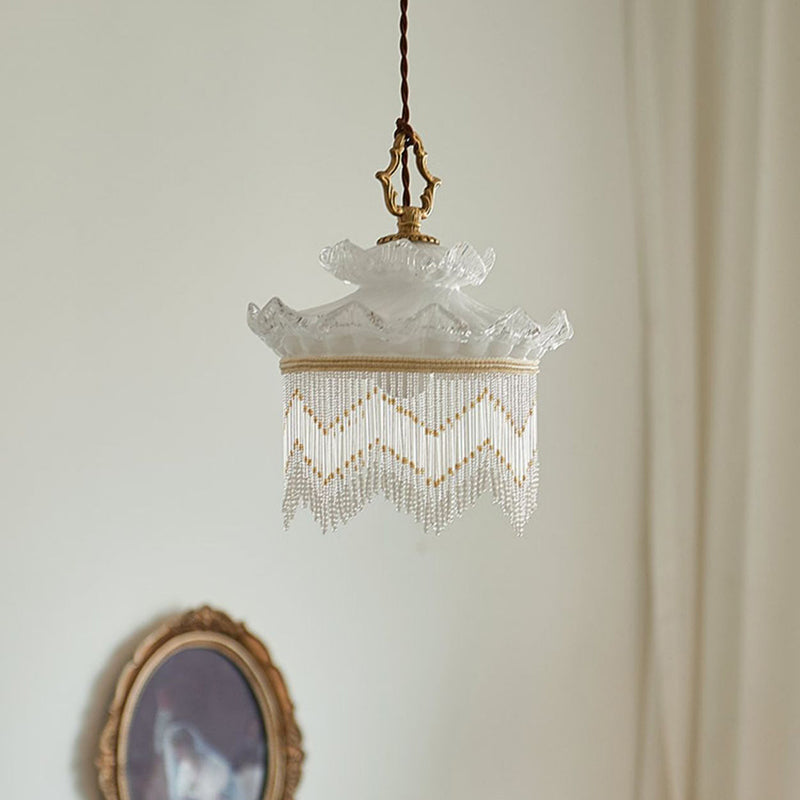 Suspension Luminaire à Une Lumière avec Couronne en Verre Cuivre Traditionnel Français et Gland pour Salle à Manger 