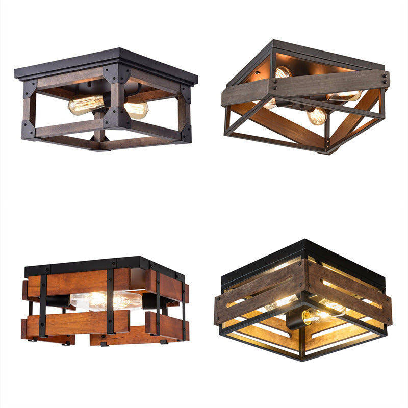 Traditionelle Bauernhaus Eisen Holz Quadrat Zaun 2/4 Licht Deckenleuchte für den Flur 