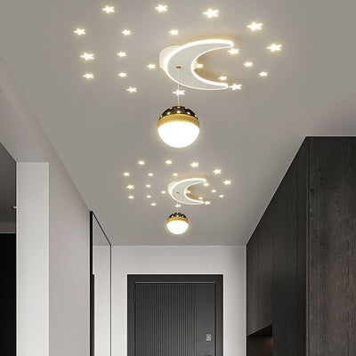 Contemporary Nordic Iron Acrylic Moon Star Ball Starry Sky Projection LED Semi-Flush Mount Ceiling Light For Hallway