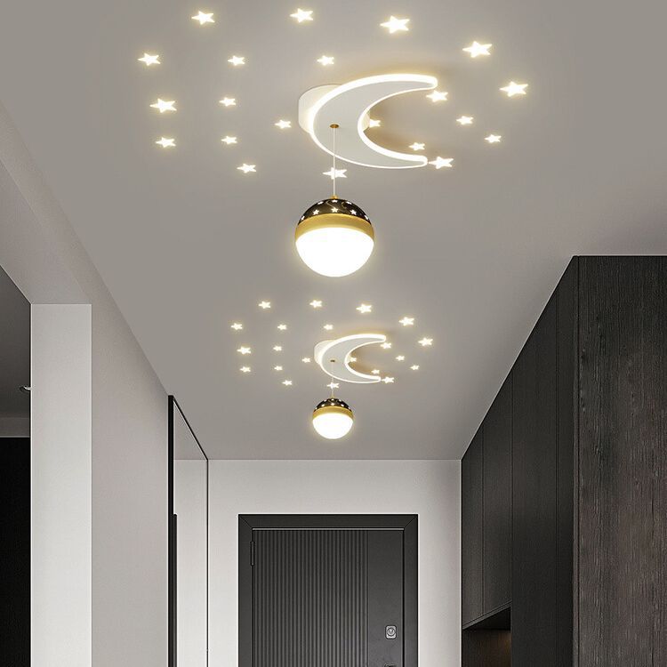 Contemporary Nordic Iron Acrylic Moon Star Ball Starry Sky Projection LED Semi-Flush Mount Ceiling Light For Hallway