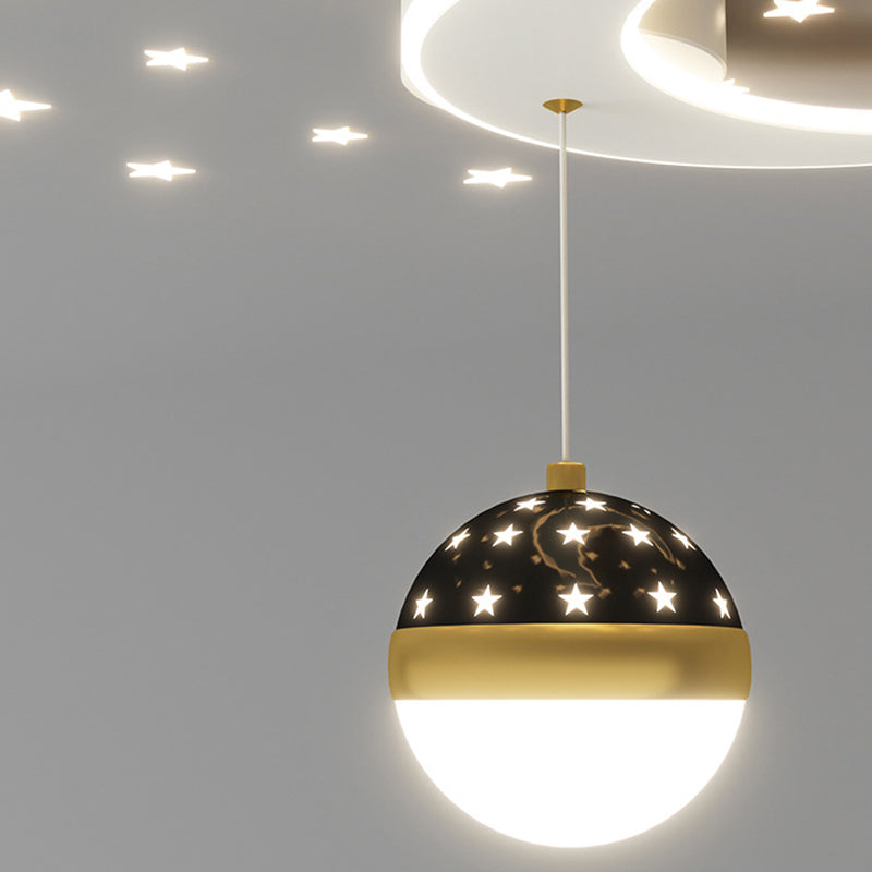 Contemporary Nordic Iron Acrylic Moon Star Ball Starry Sky Projection LED Semi-Flush Mount Ceiling Light For Hallway