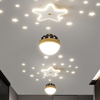 Contemporary Nordic Iron Acrylic Moon Star Ball Starry Sky Projection LED Semi-Flush Mount Ceiling Light For Hallway