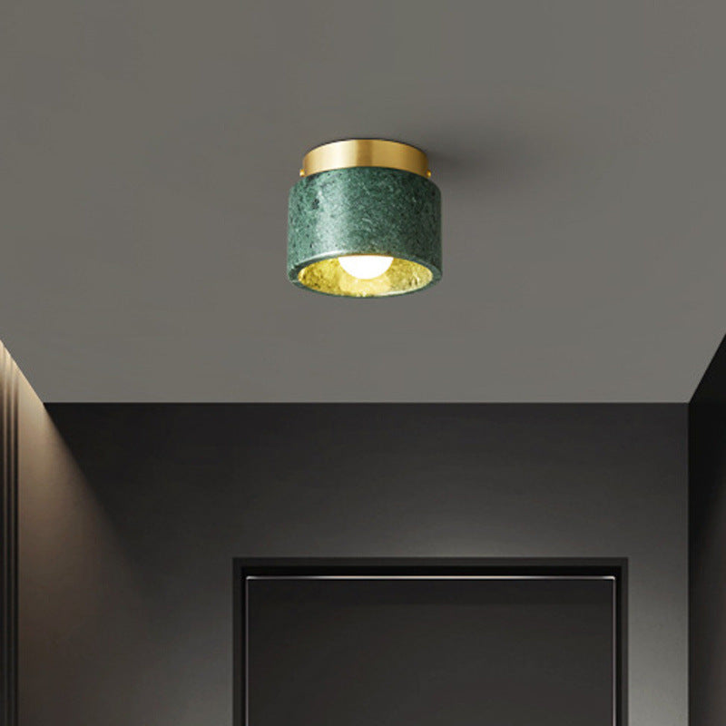 Contemporary Nordic Marble Metal Glass Cylinder Round 1-Light Semi-Flush Mount Ceiling Light For Hallway