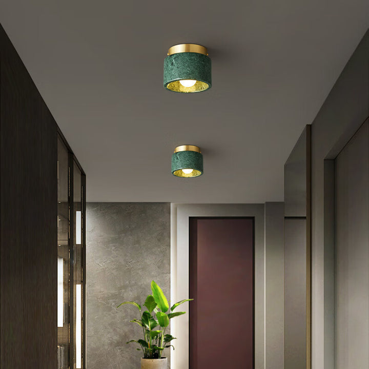 Contemporary Nordic Marble Metal Glass Cylinder Round 1-Light Semi-Flush Mount Ceiling Light For Hallway