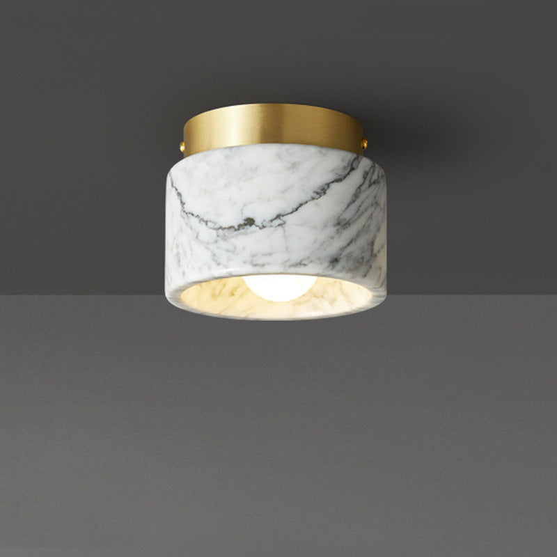Contemporary Nordic Marble Metal Glass Cylinder Round 1-Light Semi-Flush Mount Ceiling Light For Hallway