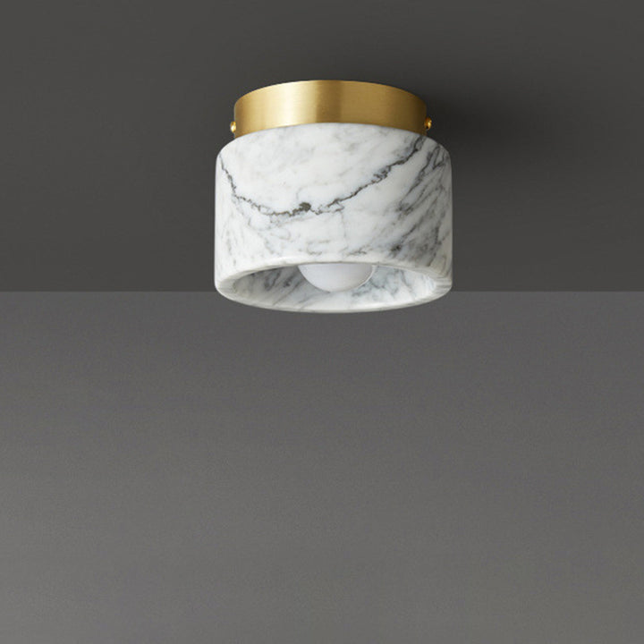 Contemporary Nordic Marble Metal Glass Cylinder Round 1-Light Semi-Flush Mount Ceiling Light For Hallway