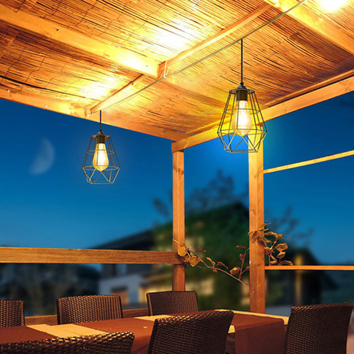 Contemporary Industrial Solar Waterproof Octagonal Diamond Lantern Mild Steel Wire Plastic LED Outdoor Pendant Light For Garden