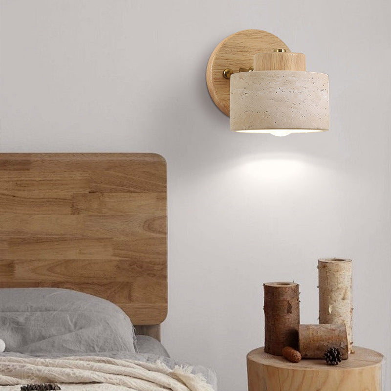 Traditional Japanese Round Travertine Wood Rotatable 1-Light Wall Sconce Lamp For Bedside