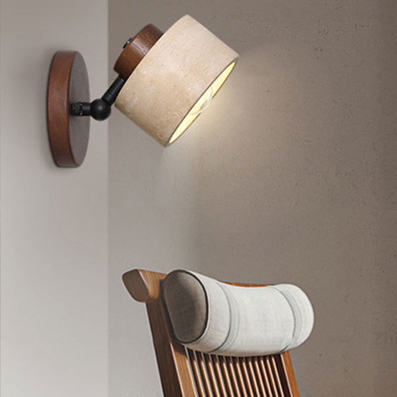 Traditional Japanese Round Travertine Wood Rotatable 1-Light Wall Sconce Lamp For Bedside