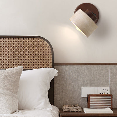 Traditional Japanese Round Travertine Wood Rotatable 1-Light Wall Sconce Lamp For Bedside