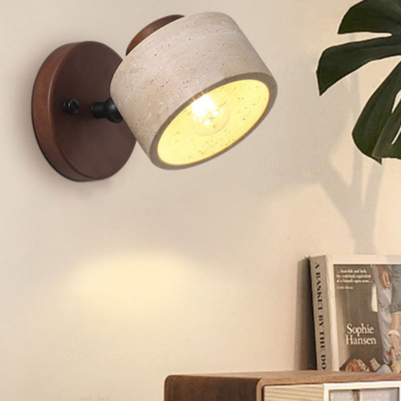 Traditional Japanese Round Travertine Wood Rotatable 1-Light Wall Sconce Lamp For Bedside