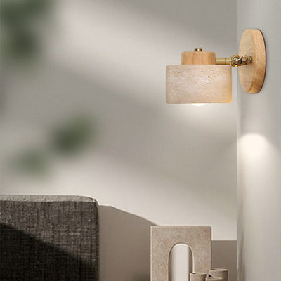 Traditional Japanese Round Travertine Wood Rotatable 1-Light Wall Sconce Lamp For Bedside