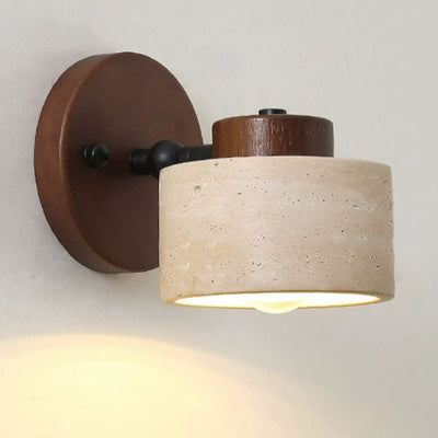 Traditional Japanese Round Travertine Wood Rotatable 1-Light Wall Sconce Lamp For Bedside
