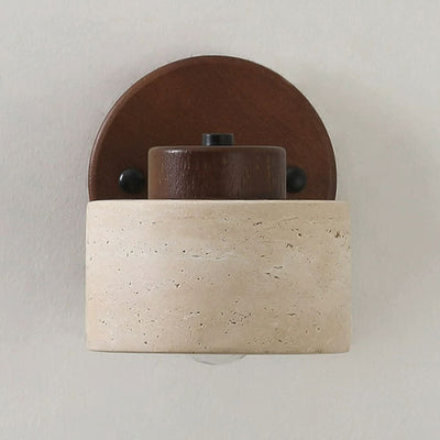 Traditional Japanese Round Travertine Wood Rotatable 1-Light Wall Sconce Lamp For Bedside
