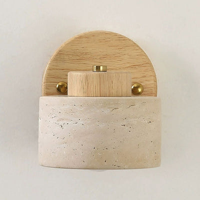 Traditional Japanese Round Travertine Wood Rotatable 1-Light Wall Sconce Lamp For Bedside