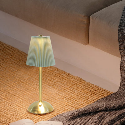 Lámpara de mesa LED cilíndrica con pliegues de tela recargable escandinava contemporánea para mesita de noche 
