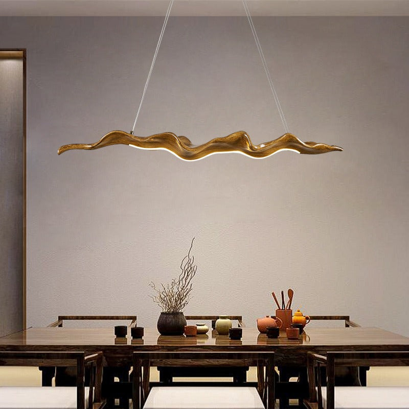 Traditional Japanese Fiberglass Silica Iron Wavey Drift Imitation Wood LED Chandeliers Island Light For Dining Room